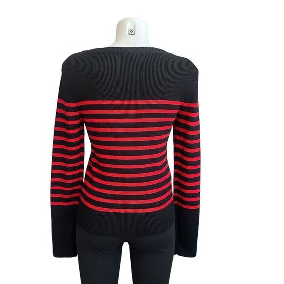 Frame Button Shoulder Stripe Red Black Merino Wool Thick Knit Sweater small - Picture 3 of 7